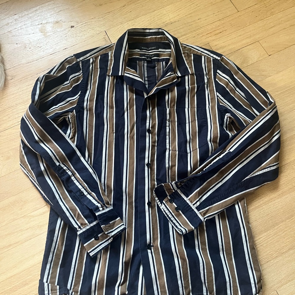 Banana republic Men's Striped Shirt - Black, Brown, and White
